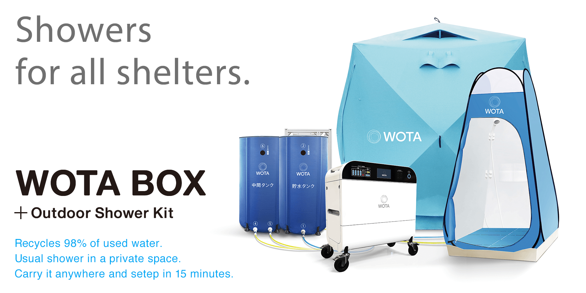 Showers for all shelters. WOTA BOX + Outdoor Shower Kit